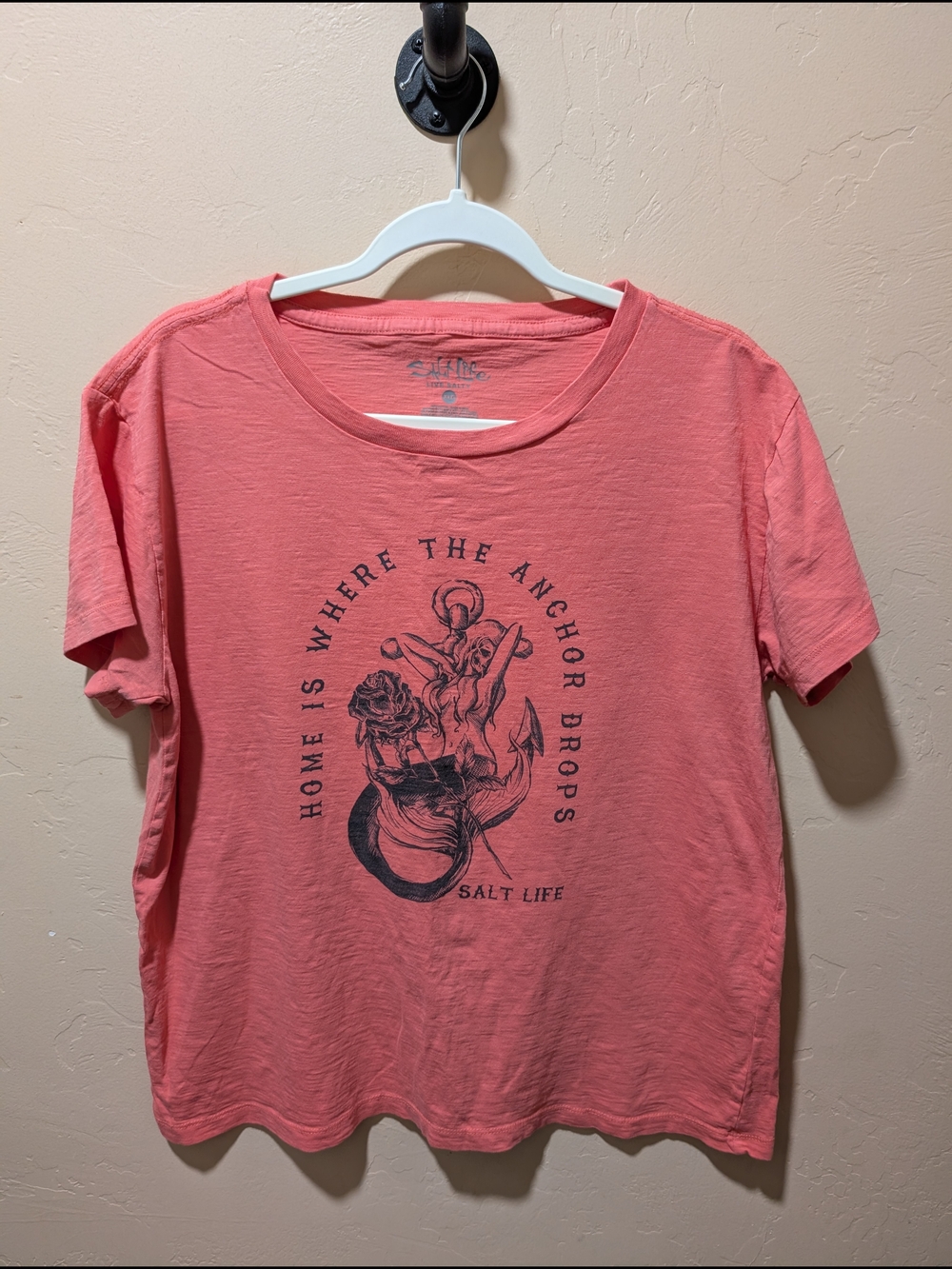 Woman's Salt Life Coral And Navy Graphic Tee - Anchor & Mermaid Print XL
